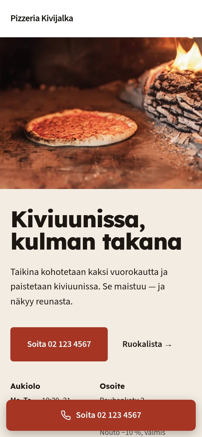Sama esimerkkisivu puhelimella: kuva uunista ylhäällä, otsikko ja soittonappi sen alla